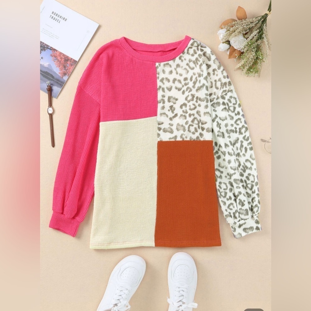 NEW ROSE LEOPARD LONG SLEEVE TOP | Ribbed Color Block Plus Size 2XL - Picture 2 of 11